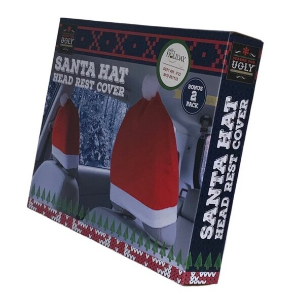 Santa Hat Car Seat Headrest Covers Auto Accessory Car Decoration 2 Pack - Picture 6 of 14